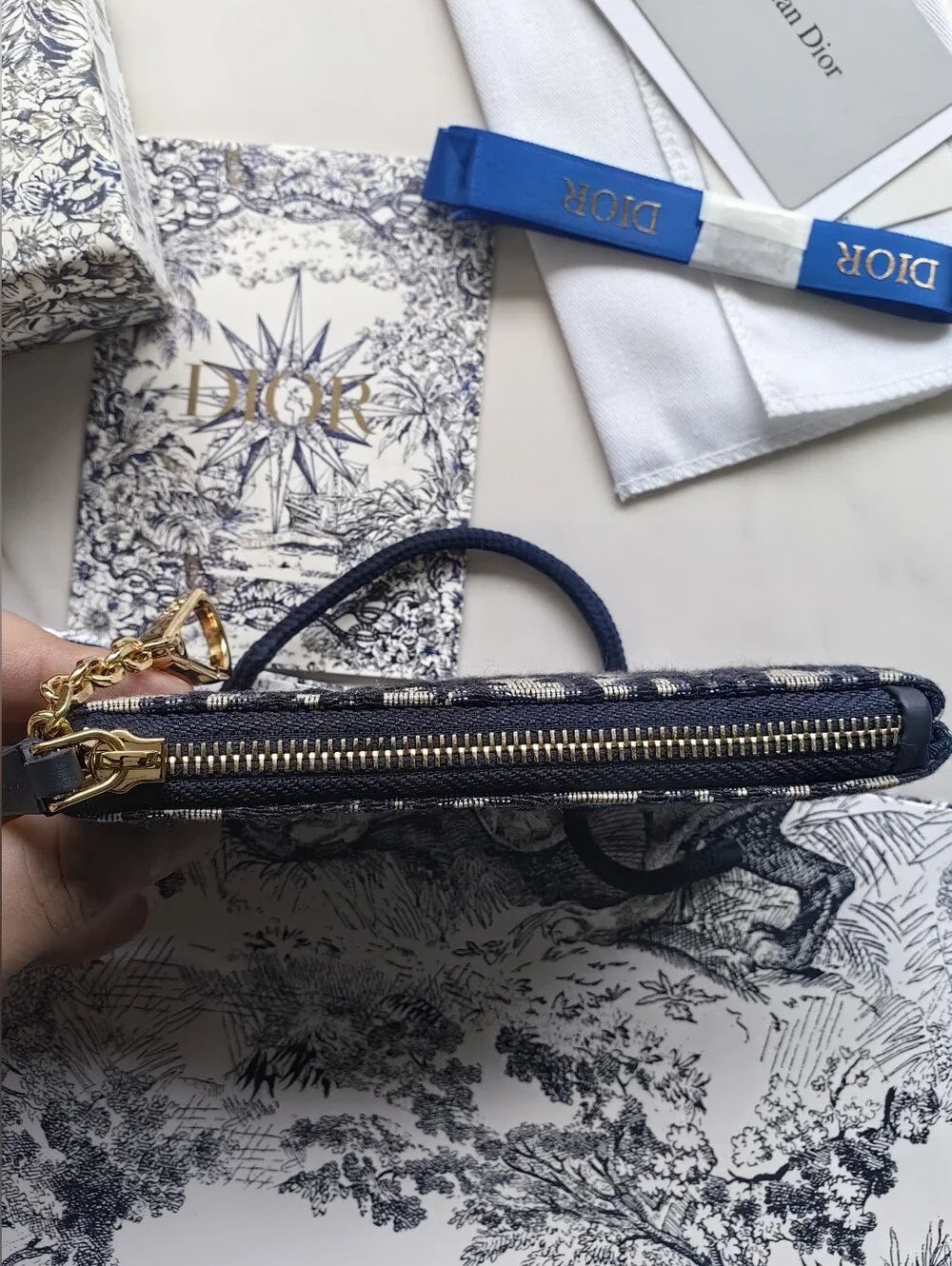 Dior Navy and Beige Oblique Canvas Key Pouch with Gold Hardware